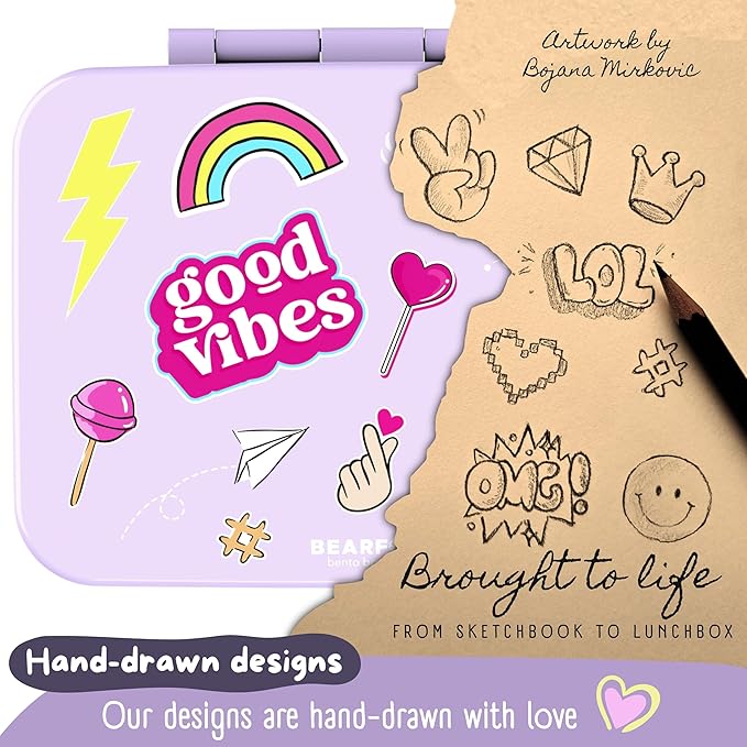 BEARFOOT Kids Lunch Box with Compartments – Compact & Lightweight | Leak-Proof, BPA-Free, Dishwasher Safe | Hand-Drawn Design for Preschool, School, Travel (Sticker Purple, 2.75 Cups)