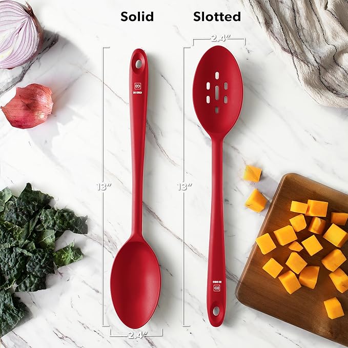 DI ORO Silicone Cooking Spoons - Solid & Slotted Set, 2-Pc Red