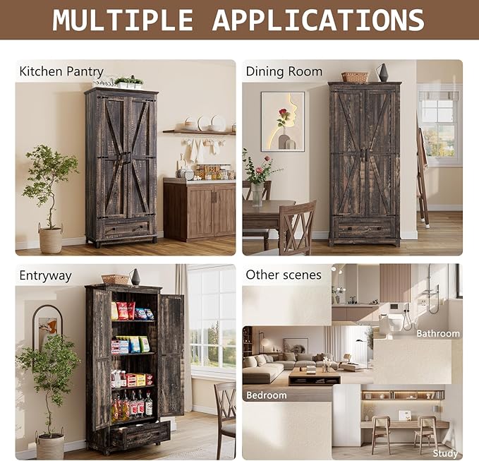 LUXOAK Farmhouse Kitchen Pantry Cabinet, 72" Tall Storage Cabinet with Adjustable Shelves & Barn Doors, Freestanding Kitchen Cupboard for Dining Room, Living Room, Dark Rustic Oak