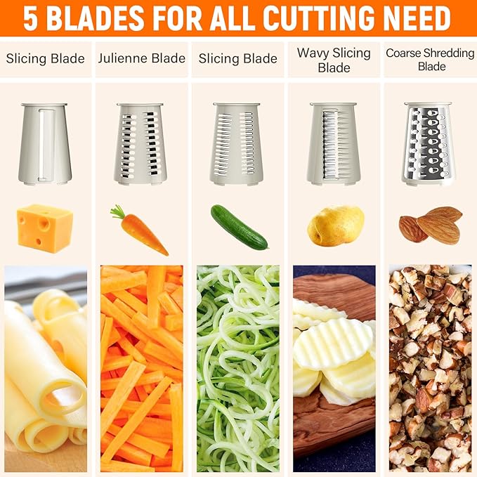 Rotary Cheese Grater Hand Crank, 5-in-1 Vegetable Chopper Spiralizer Slicer