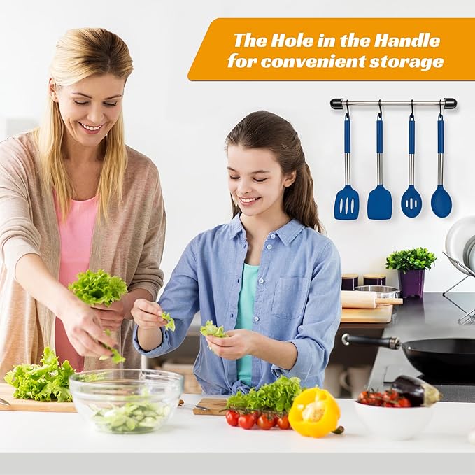 YASUEBI Kitchen Utensils Silicone Cooking Utensils Set for Nonstick Cookware Silicone Cooking Kitchen Utensils Set Perfect for Baking and Mixing Spatula Set BPA Free Dishwasher Safe Blue 4 Pack