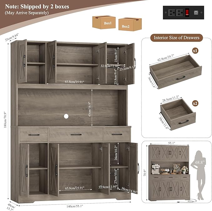 HOSTACK 71" Tall Kitchen Pantry Storage Cabinet, 55" W Kitchen Hutch, Grey