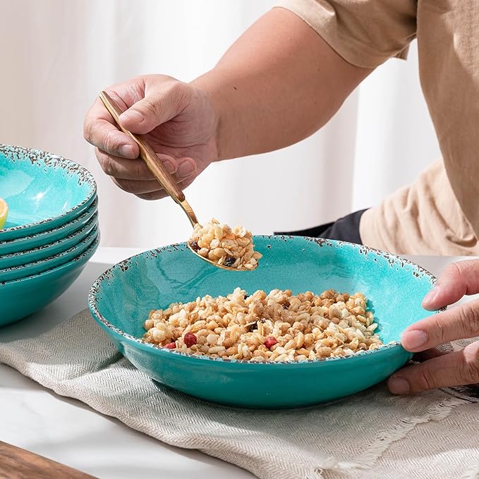 ZAROCRUS Farmhouse Melamine Pasta Bowls Set of 6, 42 OZ Shallow Individual Bowl, Melamine Pasta Plates and Salad Bowls sets, Dishwasher Safe Serving,Snack bowl,Fruit Bowl, Teal