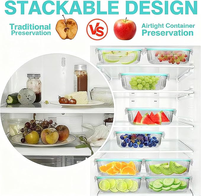 WOVOW 5-Packs, 36 Oz Glass Meal Prep Containers with Snap Locking Lids Glass Food Containers,Airtight Lunch Container,Microwave, Oven, Freezer and Dishwasher