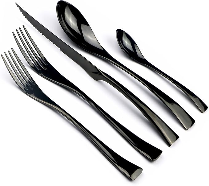 JANKNG 5-Piece 18/10 Stainless Steel Serrated Steak Knife Flatware Set, Mirror Polishing Black, Service for 1