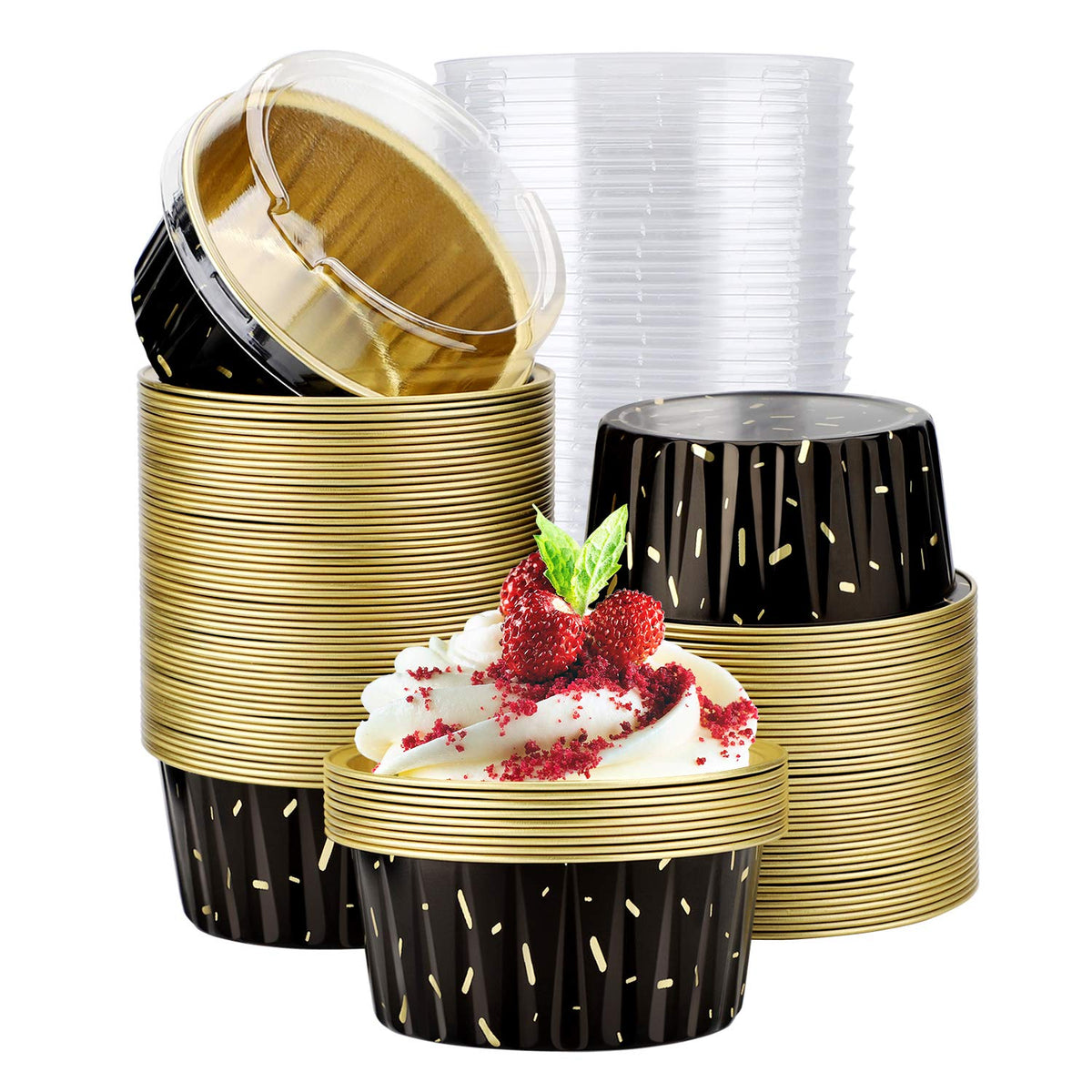 EUSOAR Cupcake Liners for Baking, 50pcs 5oz Muffin Liners, Disposable Foil Ramekins, Dessert Containers, Aluminum Foil Baking Cupcake Cups Holders Pans with Lids 5 Colors Mixed
