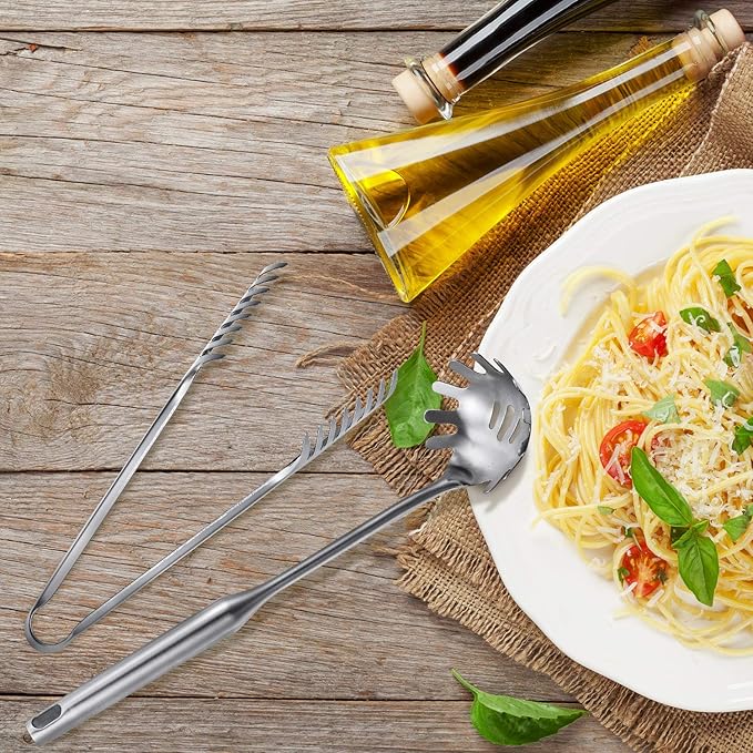 Patelai Stainless Steel Spaghetti Spoon and Pasta Tongs Set, Long Handle Noodle Server Tools with Drain Holes, Non-slip Grip for Cooking, Serving Pasta and Noodles(Sliver)