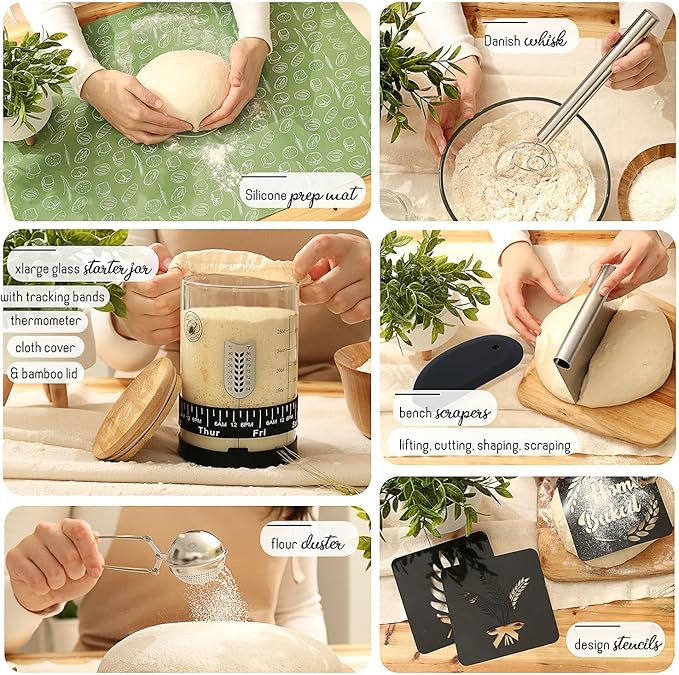 CraftZee All-Inclusive 𝗣𝗥𝗘𝗠𝗜𝗨𝗠 Sourdough Starter Kit with Pot, 34 Oz Starter Jar, 4 Banneton Bread Proofing Baskets, Scraper, Scale, Sourdough Bread Baking Supplies, Beginner Guide & Recipes
