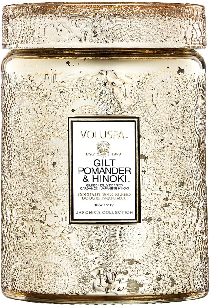 Gilt Pomander Hinoki, Large Candle Jar, 18 oz, 100 Hour Burn Time, Coconut Wax for Clean Burning, Handcrafted in the USA