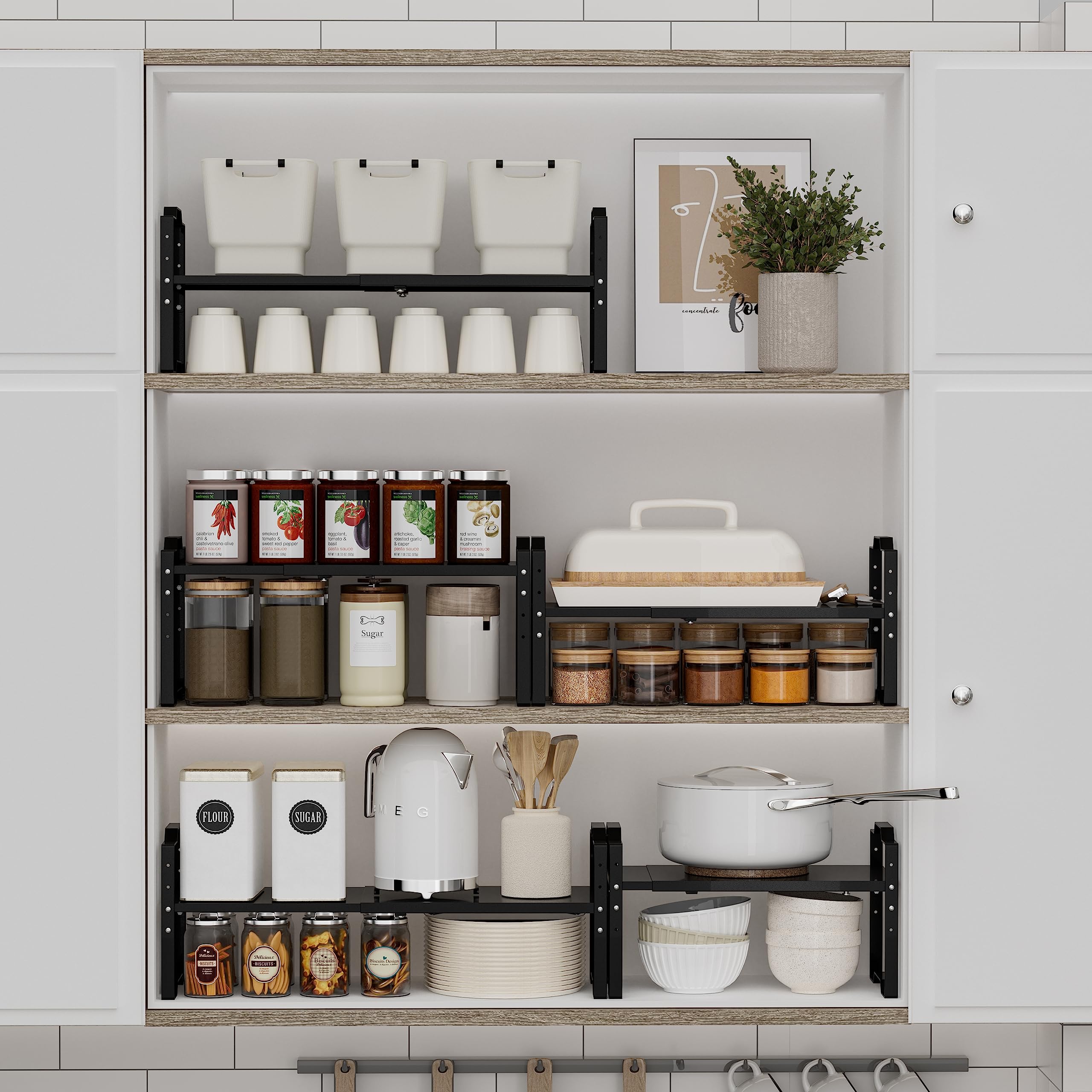 Jojocross Expandable Shelf for Cabinet Organizer Adjustable Stackable Spice Rack at Kitchen and Bathroom More, Counter Countertop Cupboard Organization Pantry Storage(MEDIUM/3PACKS/BLACK)