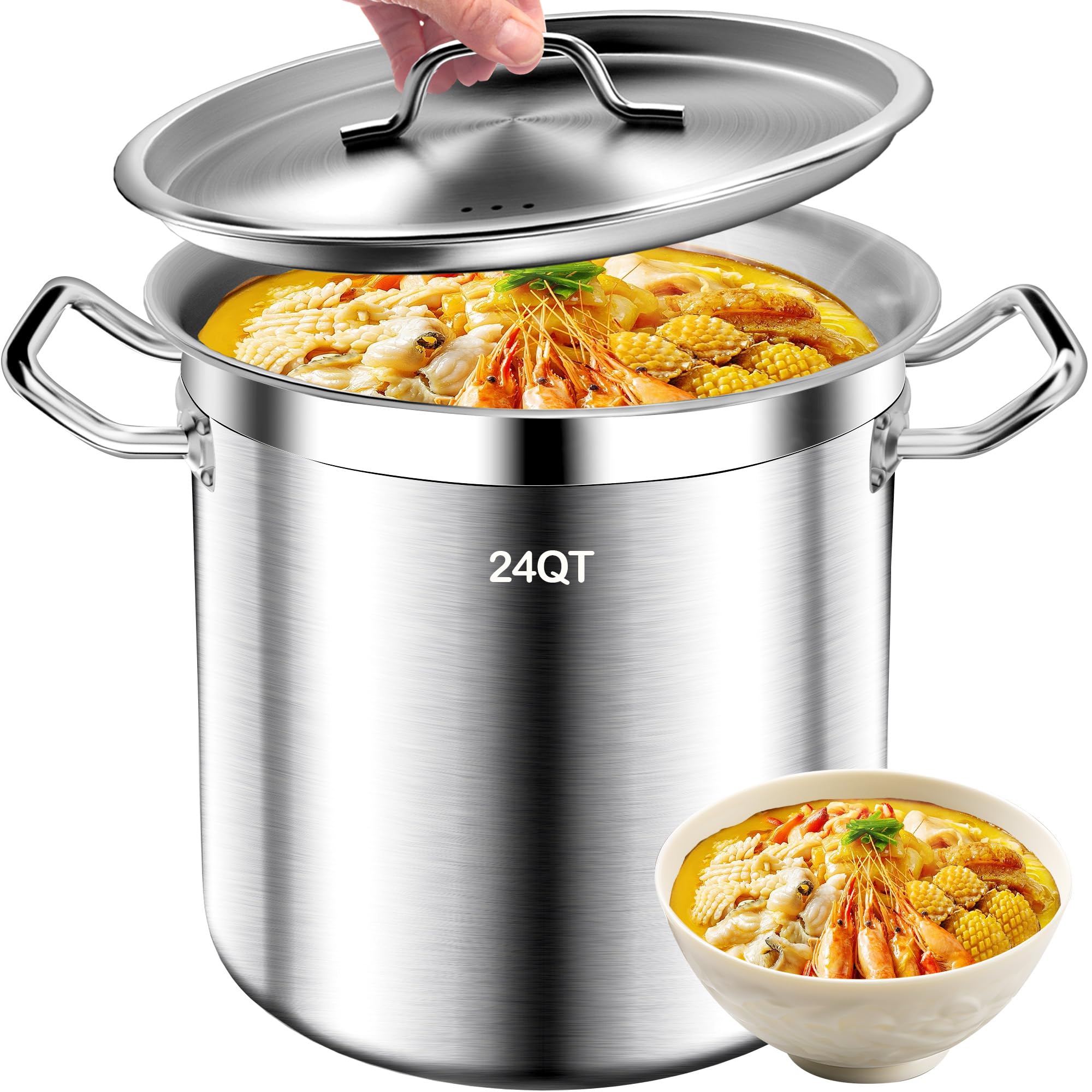 Large Stock Pot - 24QT Stainless Steel Stockpot with Lid, Heavy Duty Tri-Ply Bottom Commercial Grade Soup Pot for Cooking Soup, Stew, Pasta, Oven, Gas, Ceramic, Dishwasher Safe