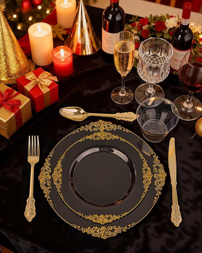 Nervure 350Pcs Black Plastic Plates, Plastic Dinnerware Set for 50 Guests