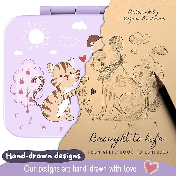 BEARFOOT Kids Lunch Box with Compartments – Compact & Lightweight | Leak-Proof, BPA-Free, Dishwasher Safe | Hand-Drawn Design for Preschool, School, Travel (Dog & Cat Purple, 2.75 Cups)