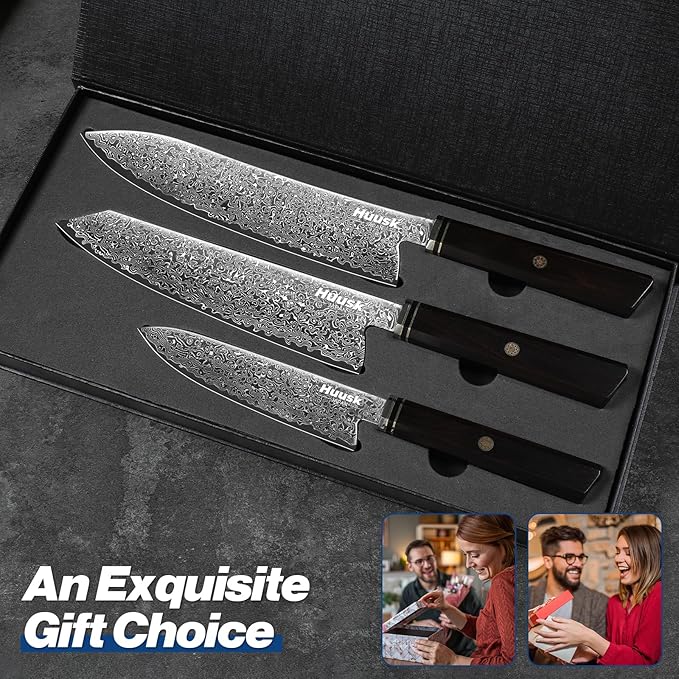 Huusk Damascus Chef Knife Set 3 PCS, Ideal Gifts for Women Men