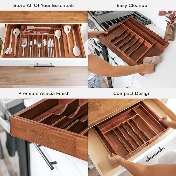 KitchenEdge Silverware & Utensil Drawer Organizer, 18-33 in, Acacia
