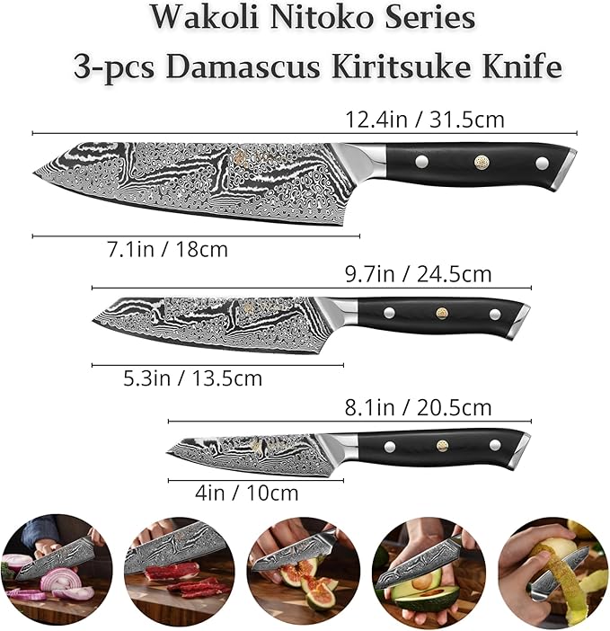 Wakoli Nitoko 3-Piece Kiritsuke Damascus Knife Set, VG10 Steel, G10 Handles