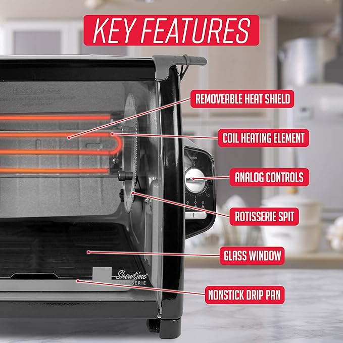 Ronco Showtime Large Capacity Rotisserie & BBQ Oven, Simple Switch Controls, Silicone Door Tie, Perfect Preset Rotation Speed, Self-Basting, Auto Shutoff, Includes Multipurpose Basket, black