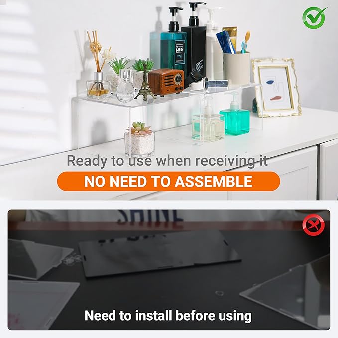 Clear Acrylic Cabinet Organizer Shelf 2Pcs, Stackable Cabinet Shelves, Dish Organizer for Cabinet, Kitchen Cabinet Organizer Riser, Pantry Cupboard Storage for Spice Bottles, Mugs, Small Plates & Jars