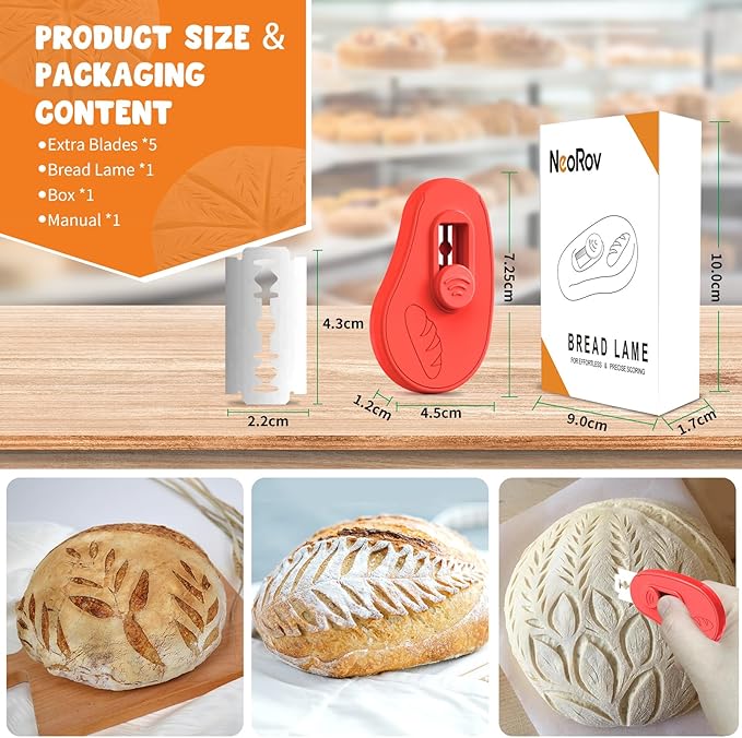 NeoRov Extractable & Magnetic Bread Lame Dough Scoring Tool - Professional Sourdough Scoring Tool - Sourdough Bread Baking & Bread Scoring Tool - Scoring Patterns booklet & 5 Razor Blades (Red)