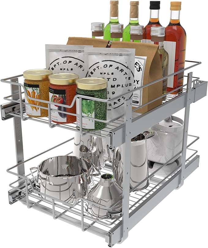 2 Tier Pull Out Cabinet Organizer 15" W X 22" D, Chromed, Full Slide Out