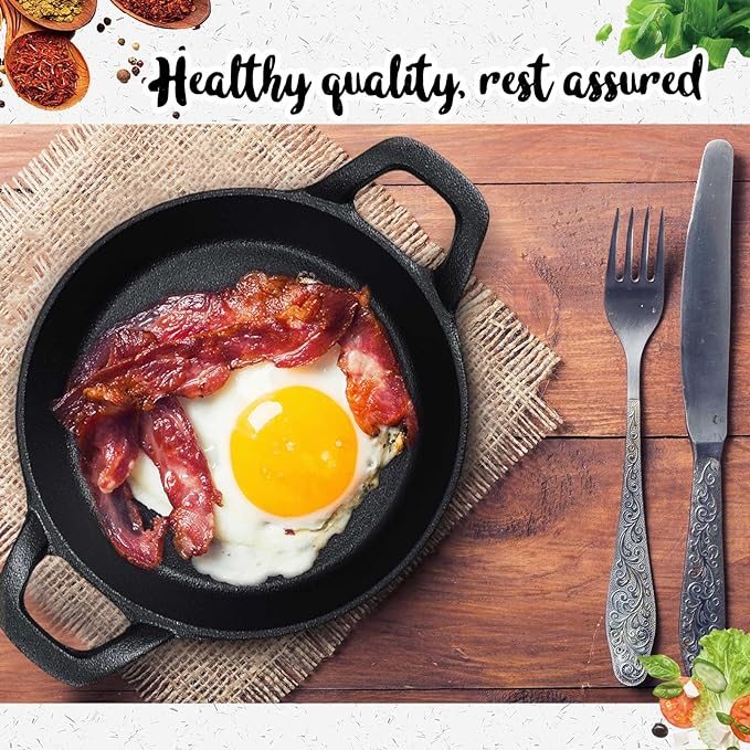 Mini Cast Iron Skillets 6.3 x 6.3 x 1.5 Inch Cast Iron Pan Small Ramekin Set Black Casserole Dish Cookware Oven Safe Mini Skillets for Kitchen Indoor Outdoor Picnic (4 Pack)