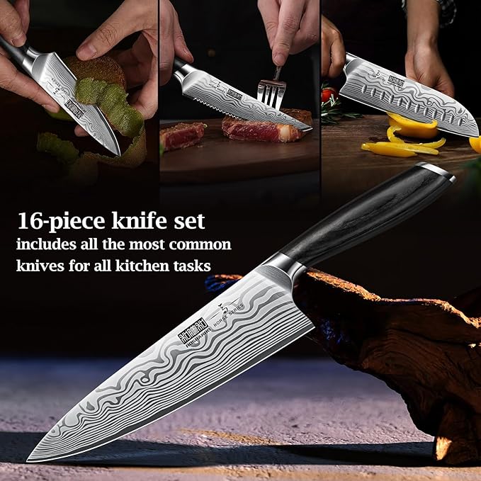 HOSHANHO 16-Piece Knife Set with Block, Ultra Sharp Kitchen Knife Block Set