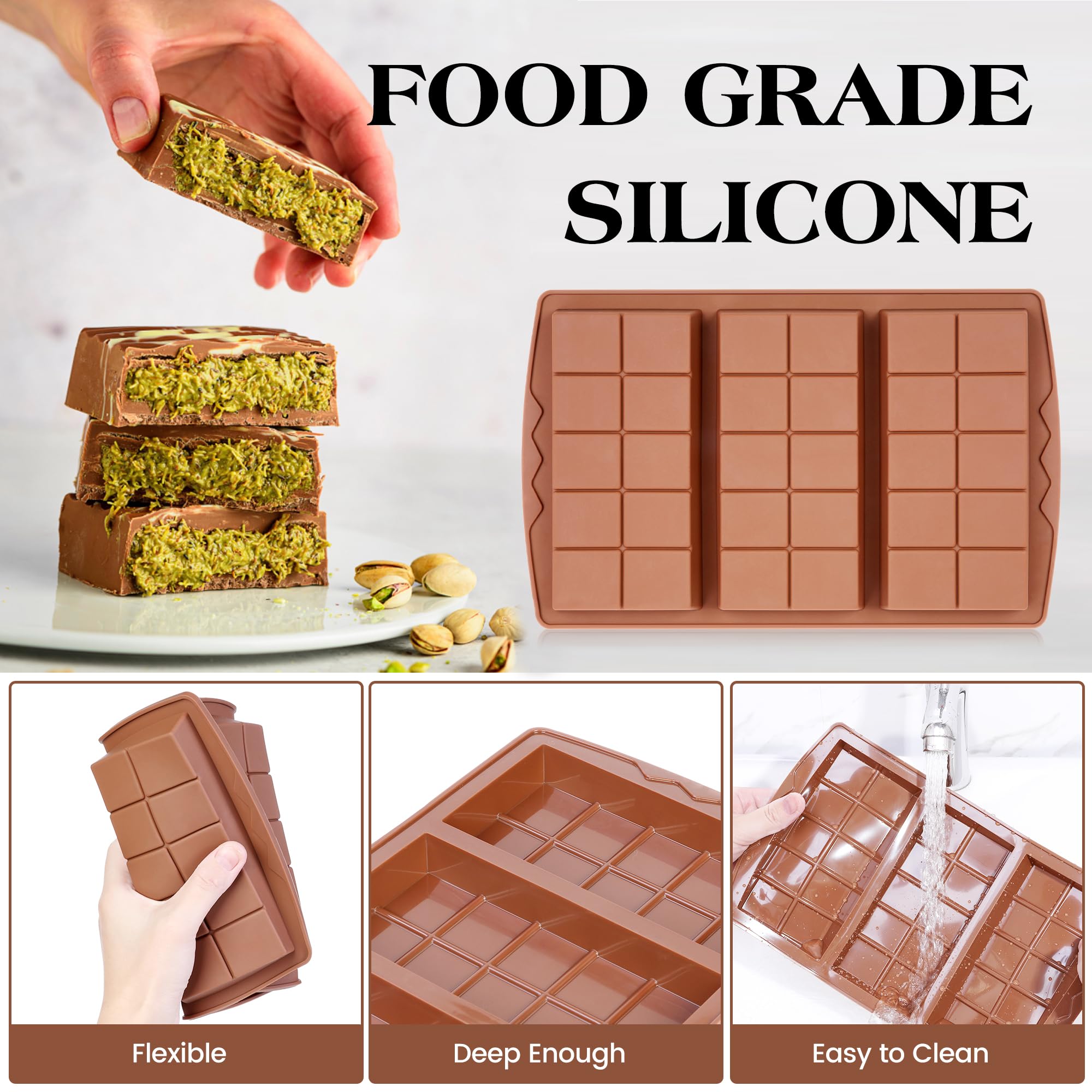 KASHME 1 Pc Chocolate Bar Mold Deep Large Chocolate Molds Silicone Break Apart Thick Silicone Molds for Candy Bar, With 100 Pcs Bags and 1 Pc Scraper Set (10 Snap）
