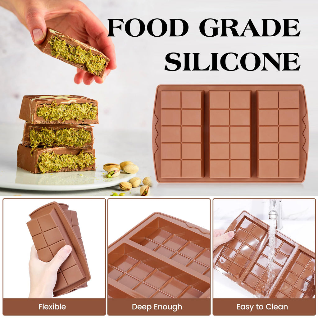KASHME 4 Pcs Chocolate Bar Mold Deep Dubai 0.85 Inch Stuffed Chocolate Molds Silicone Large Break Apart Silicone Molds (10 Snap + 5 Snap）