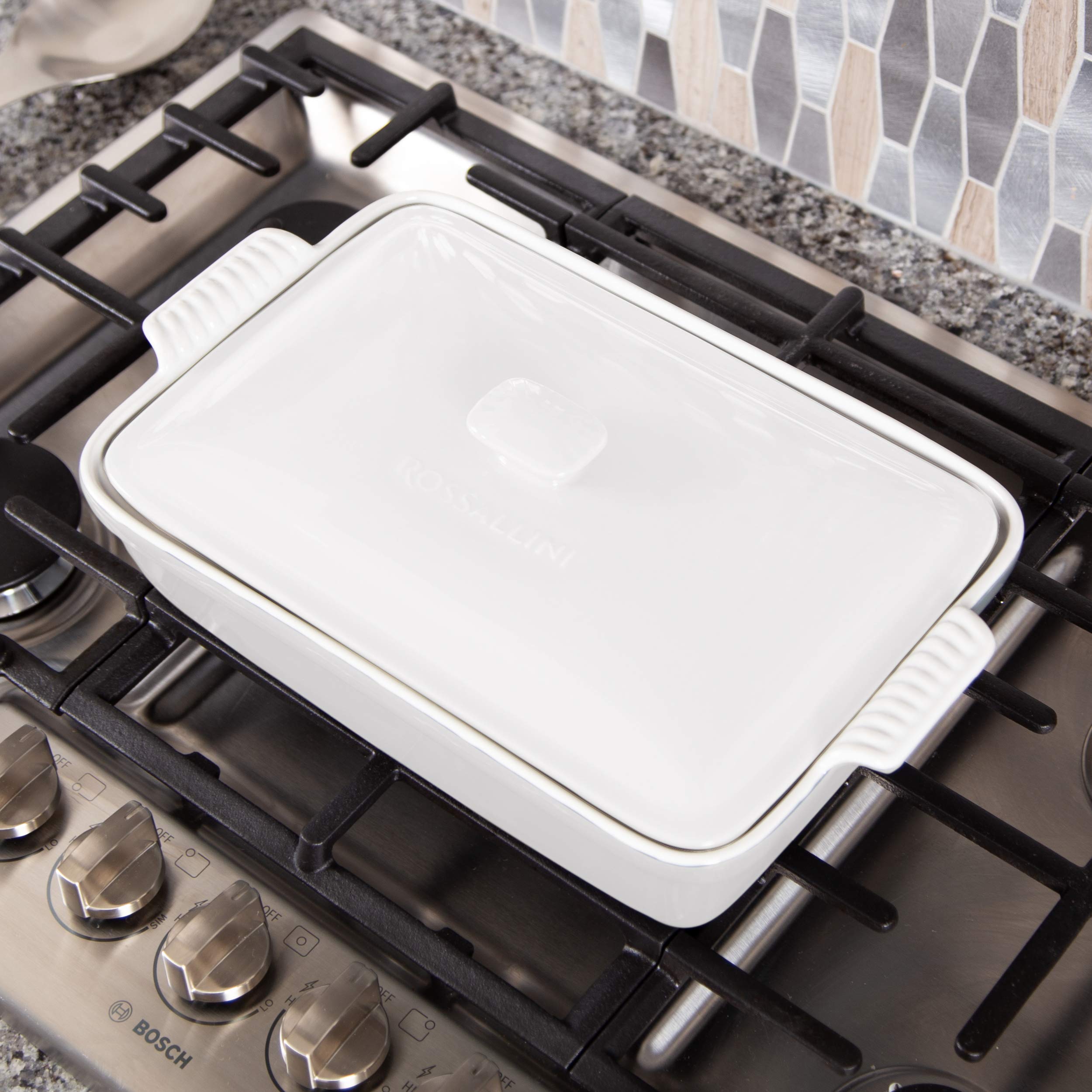 ROSSALLINI Stoneware Casserole Dish Bakeware Set with Lid, Covered Rectangular Dinnerware, Large 3.2 Quart, 11 by 9 Inch, Bianco [White]