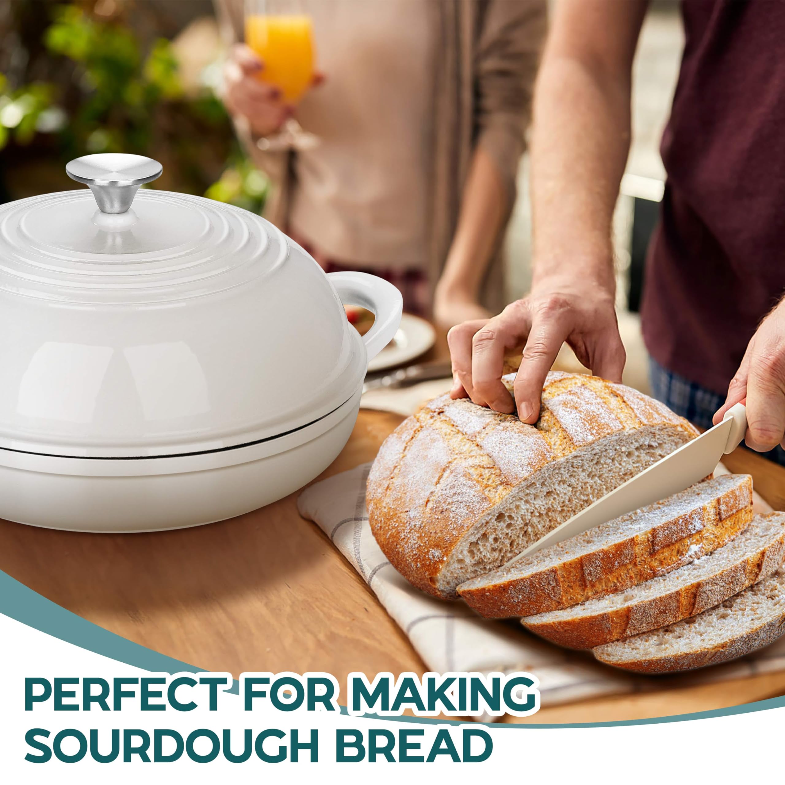E-far Dutch Oven for Sourdough Bread Baking, 6 Qt Round Enameled Cast Iron Dutch Oven for Homemade Artisan Bread, Dome Lid & Shallow Base, Matte Black Interior & Durable, Oven-Safe to 500℉, White