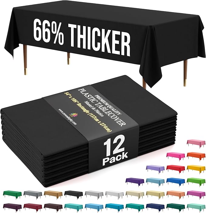 Exquisite 66% Thicker Premium Plastic Table Cloth Rectangle Table Cover 0.5 Mil 12 Pack Black Table Cloth 54 Inch x 108 Inch Disposable Tablecloth Won't Tear Easily Like Cheap Thin Brands