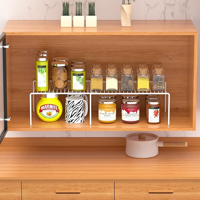 GEDLIRE Kitchen Cabinet Expandable Shelf Organizers Set of 6, Adjustable Metal Wire Pantry Storage Shelves, Plate Dish Organizer Rack for Cabinets, Cupboard, Counter, Freezer, Countertop, White