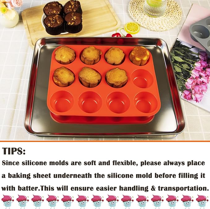LERIYUFS 12 Cups Silicone Mini Muffin Pan Set, Nonstick Mini Cupcake Pans, BPA Free Small Muffin Tin for Baking, Set of 2 (Red+Red)