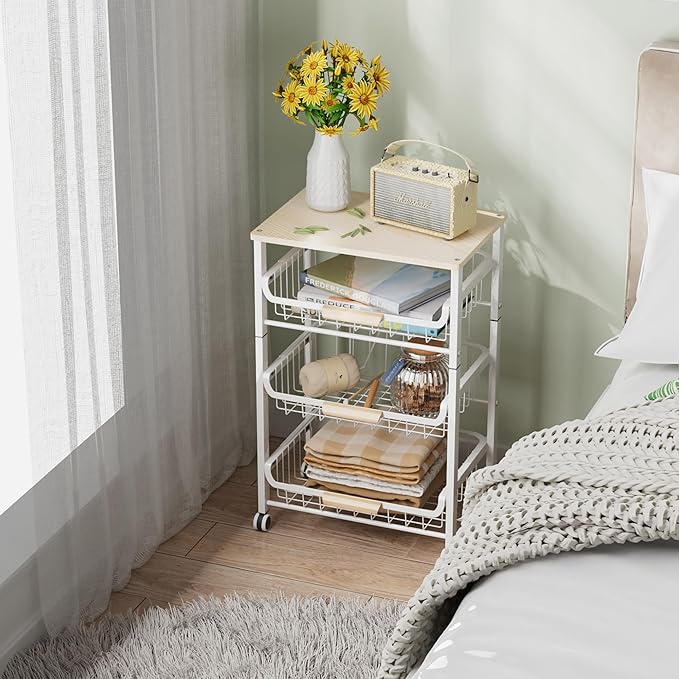 NiuYichee 4-Layer Fruit Basket Kitchen Food Storage Organizer and Storage Rack, Stackable Storage cart with Desktop, Pull-Out Hollow Metal Storage Basket, liding Out Storage,White