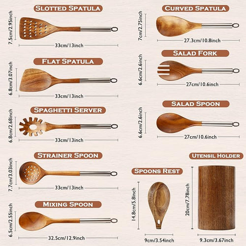 10PCS Teak Wooden Utensils Set With Holder & Spoon Rest, Stainless Handle