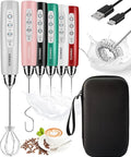 YUSWKO Handheld Milk Frother Wand for Coffee, Rechargeable Electric Whisk with 3 Heads 3 Speeds Drink Mixer Coffee Frother For Latte, Cappuccino, Hot Chocolate, Egg, Silver with Bag