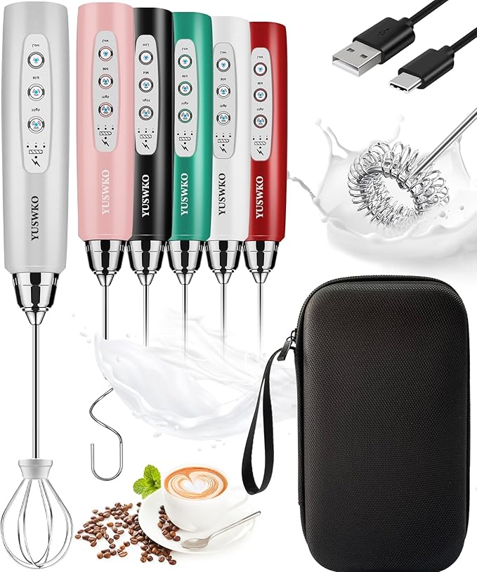 YUSWKO Handheld Milk Frother Wand for Coffee, Rechargeable Electric Whisk with 3 Heads 3 Speeds Drink Mixer Coffee Frother For Latte, Cappuccino, Hot Chocolate, Egg, Silver with Bag