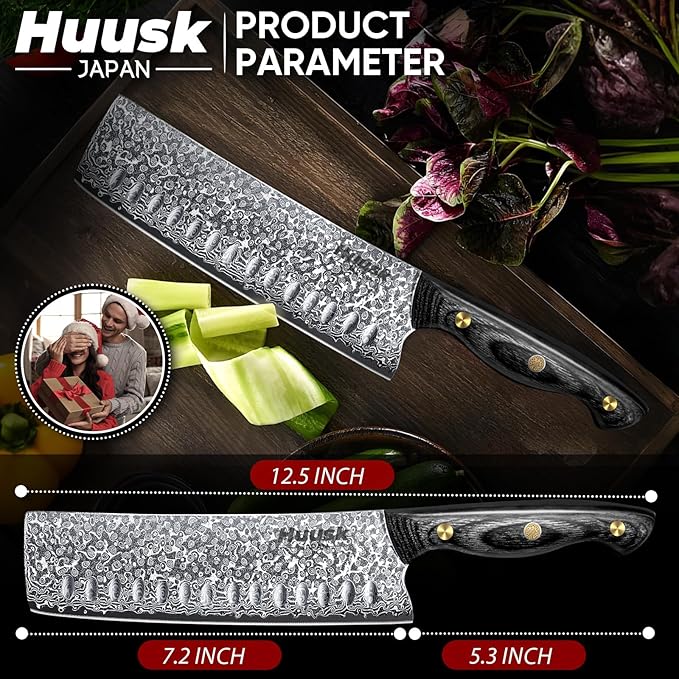 Huusk Damascus Nakiri Knife 7inch - Japanese Knives with Sharp Edge