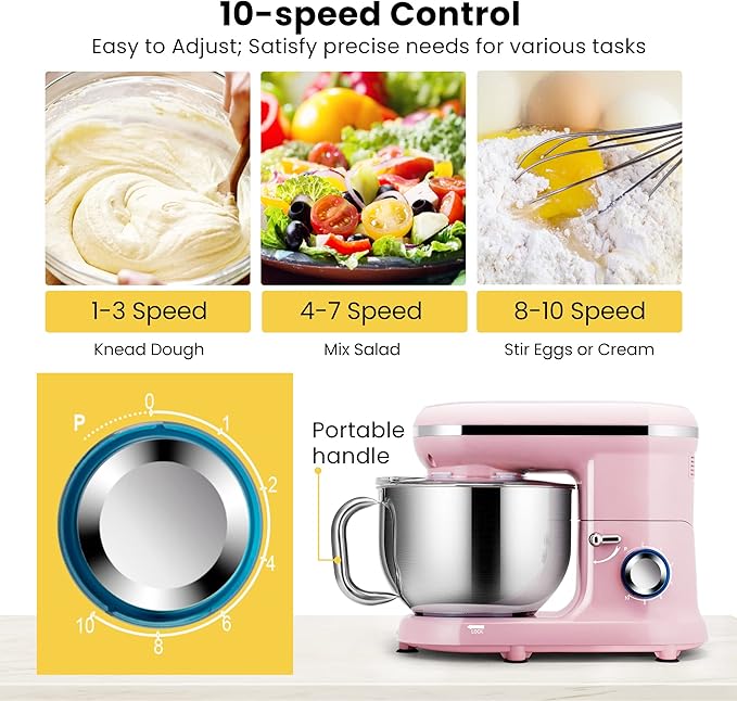 VIVOHOME Stand Mixer, 6-Quart Tilt-Head Kitchen Mixer with Bowl, Pink