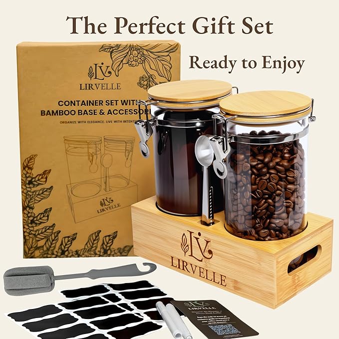 Lirvelle Airtight Coffee Canister with Scoop | Curated Glass Storage Set for Beans, Grounds & Sugar | 9-Piece Ritual Organizer with Bamboo Base, Versatile Artisan Spoon, Labels & Cleaning Brush