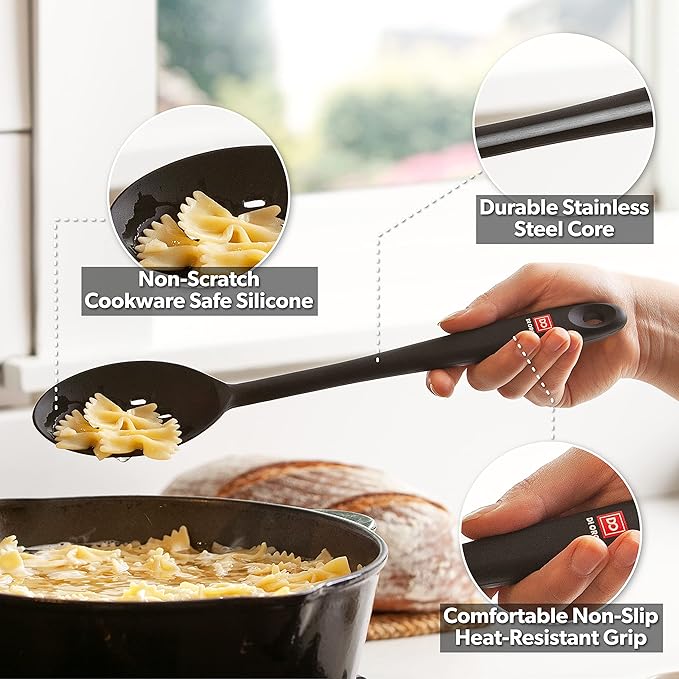 DI ORO Silicone Cooking Spoons - Solid & Slotted Set, 2-Pc Black