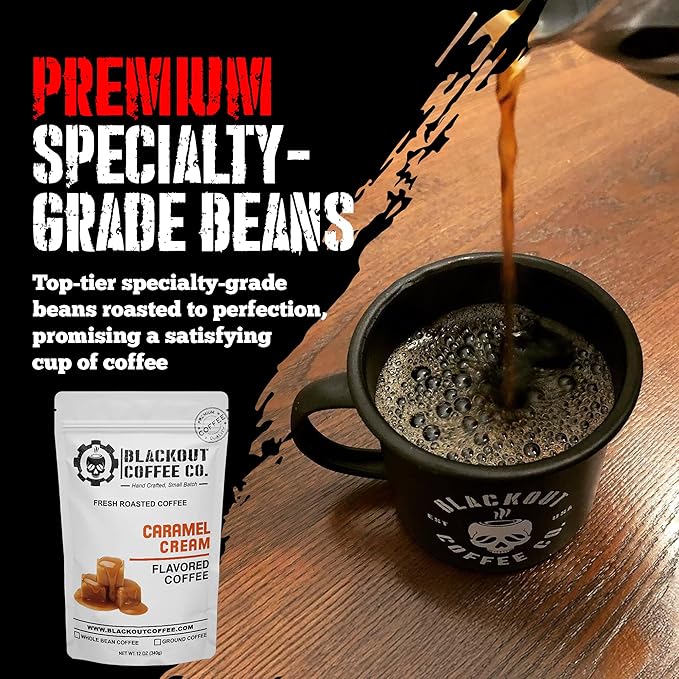 Blackout Coffee Caramel Cream Flavored Ground Coffee – Medium Roast, Smooth Taste, Guilt-Free Indulgence – Freshly Roasted 12oz Bag.