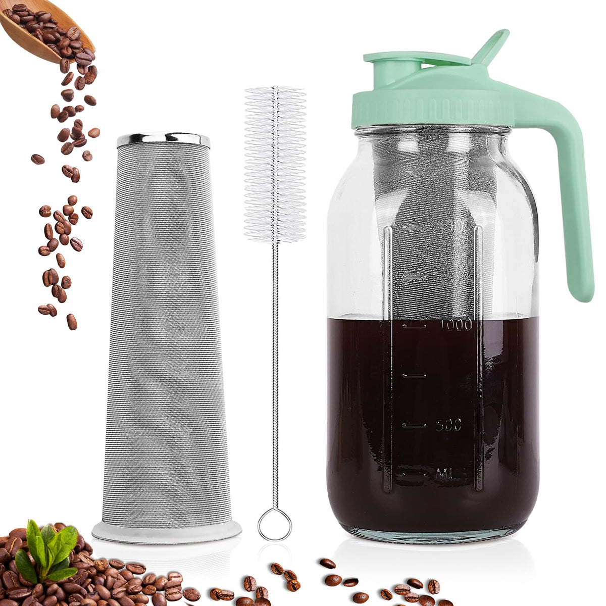 QHH Cold Brew Coffee Maker, 64 oz Mason Jar Pitcher with Stainless Steel Filter, Pour Spout Handle Lid, Airtight & Leak-Proof for Iced Coffee,Tea & Lemonade
