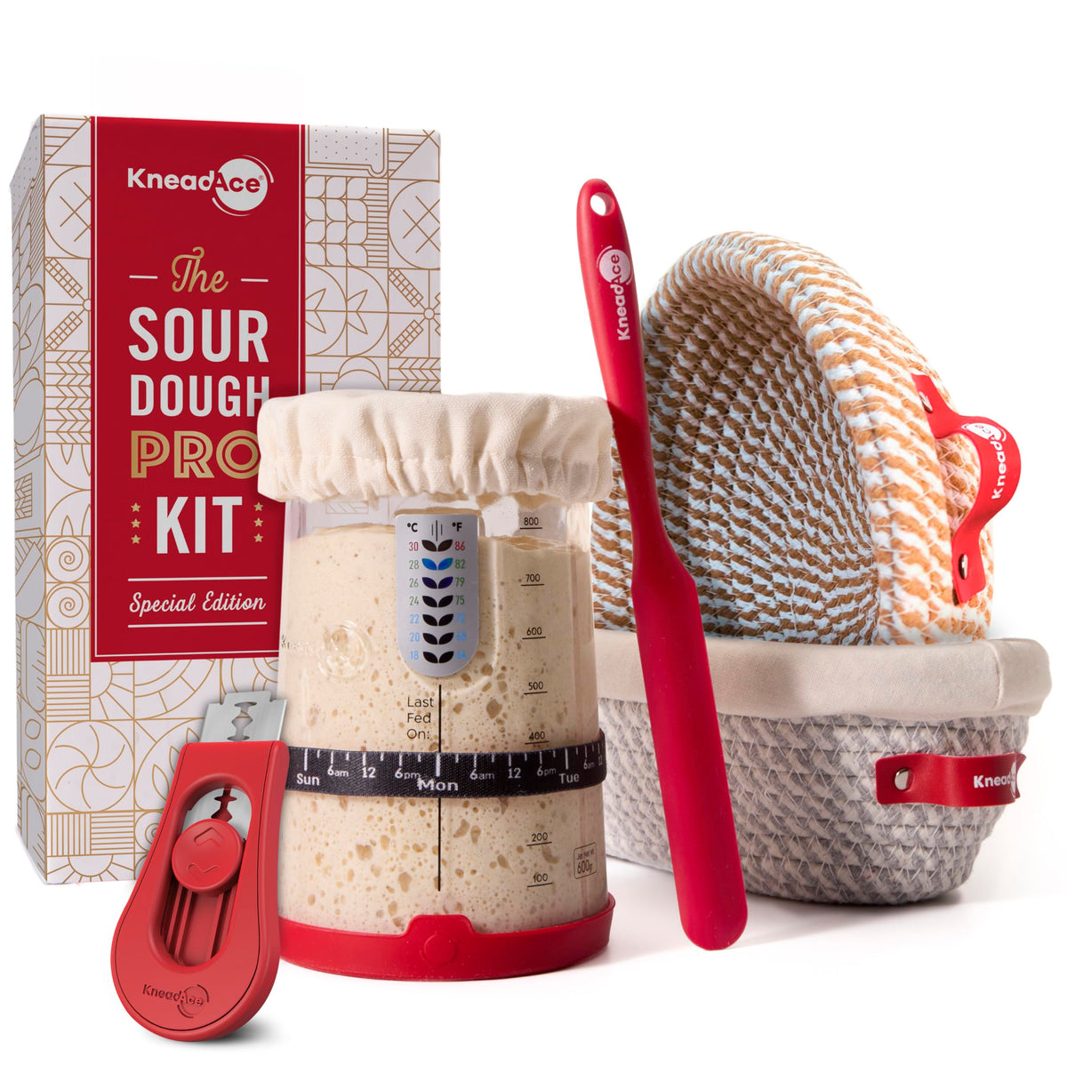 KneadAce Sourdough Starter Kit – 24oz Starter Jar, 2 Cotton Rope Banneton Proofing Baskets, Magnetic Bread Lame for Scoring – Gift for Bakers & Complete Sourdough Bread Baking Set