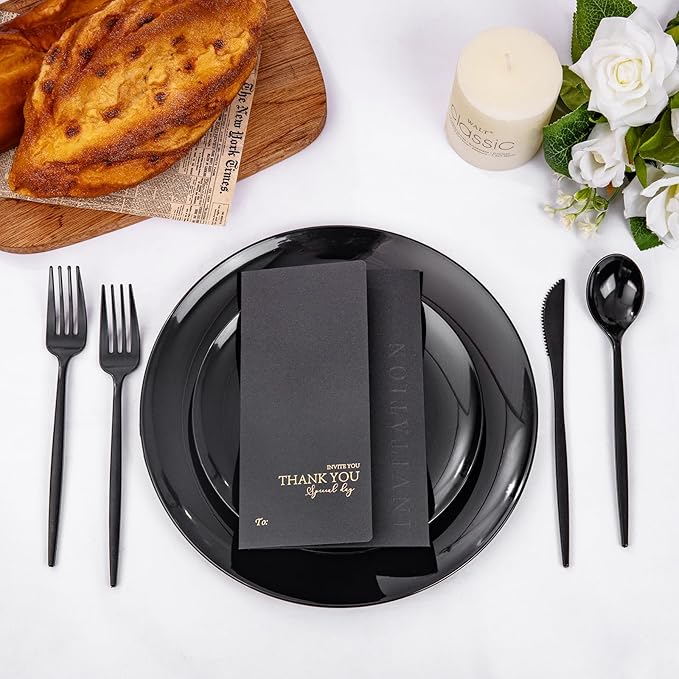 PULOTE 150PCS Black Plastic Silverware Set Disposable - Heavy Duty Black Plastic Cutlery - Black Plastic Utensils Set Include 50 Forks,50 Spoons,50 Knives for Party&Graduation
