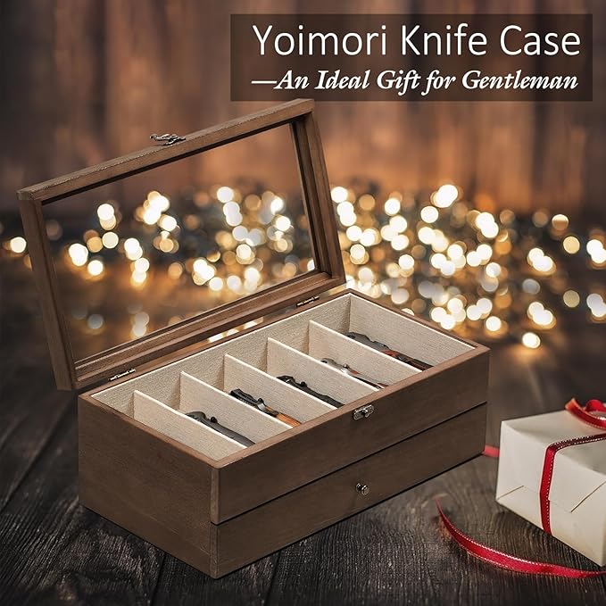 Yoimori Knife Display Case, 2-Layer Pocket Knife Case Display & Storage Knives, Solid Wood Knife Case for Collections, Gift for Boyfriend Fathers Day Birthday Gifts((Walnut)