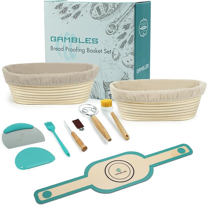 2 Pack 10-Inch Oval Banneton Proofing Basket Set, Sourdough Making Kit, Brotform for Artisan Bread, Includes Danish Dough Whisk, Scoring Lame, Scrapers, Sling & Cleaning Brush