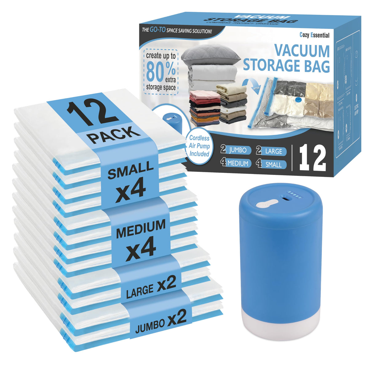 Travel Vacuum Storage Bags with Rechargeable Cordless USB Pump, 30 Combo