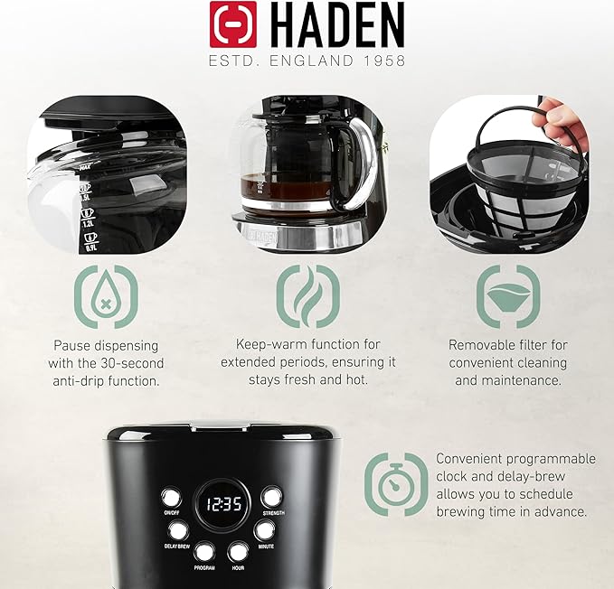 HADEN Heritage 4 Slice Wide Slot Stainless Steel Toaster Bundled with 12 Cup Programmable Drip Coffee Maker Coffee Machine, Black & Chrome