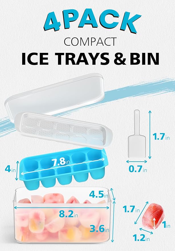 DOQAUS Ice Cube Tray with Lid and Bin, 4 Pack Ice Bucket Kits for RV